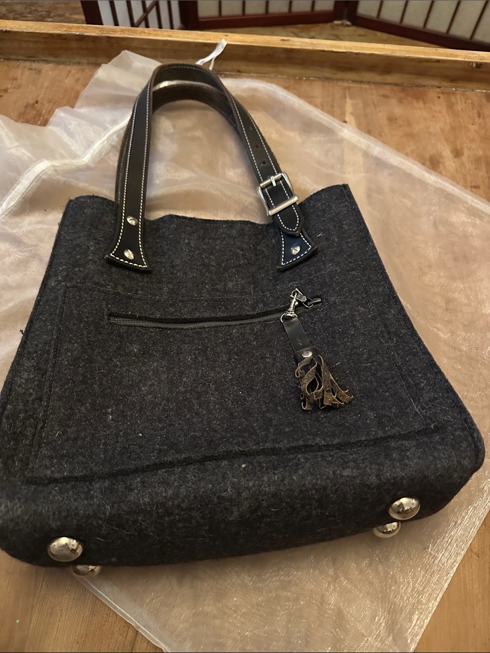 Dark Gray Felt Tote Bag with Black Leather Handles